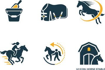 Fototapeta premium Horse riding and stable flat icons set with equestrian elements on a white background
