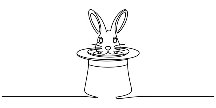 Continuous single line drawing of a cute rabbit head coming out of a magic top hat Vector, illustration