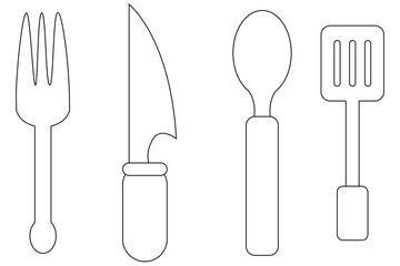 Kitchen Utensils Line Art Icon Set with Fork Knife Spoon and Spatula © nancy