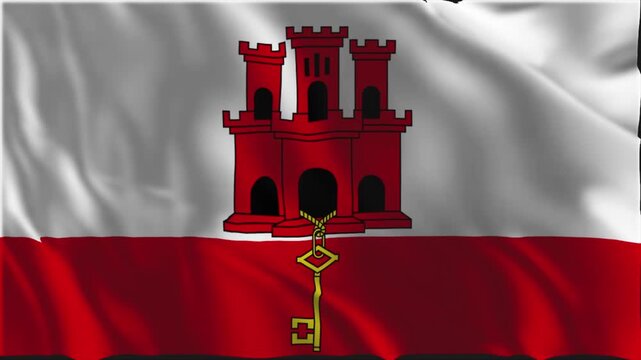 Gibraltar flag waving slowly in the foreground