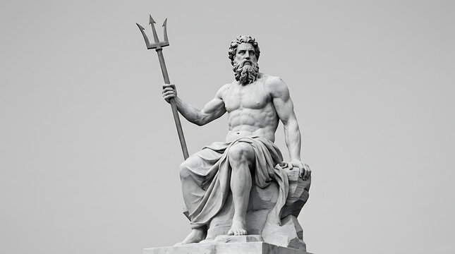 Ancient Greek Marble Statue of Poseidon Holding Trident Under Clear Sky