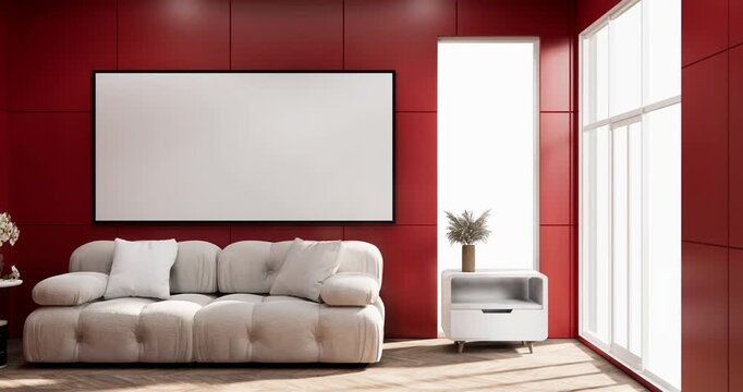 Red Living room with red wall and modern sofa on tiles floor.3D rendering