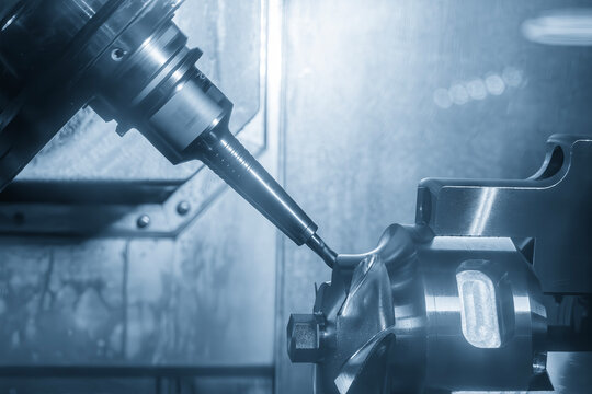 High-precision 5-axis CNC milling machine cutting automotive parts with a ball nose end mill tool.