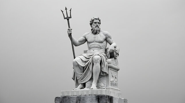 Majestic Marble Statue of the Powerful Greek Sea God Poseidon Holding a Trident Sculpture