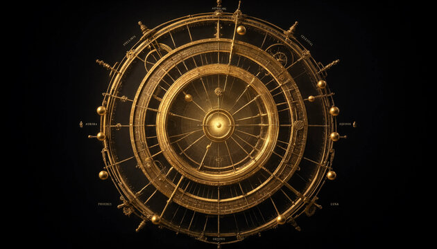 Intricate golden armillary sphere orrery model with planetary markers and mechanical rings isolated against a deep black space background