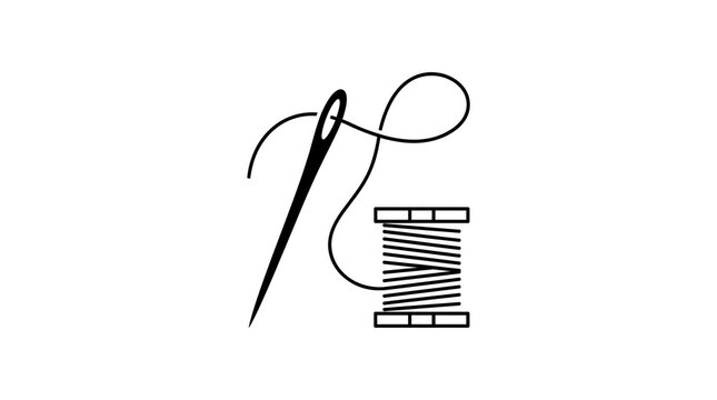 Sewing needle with thread and spool on white background