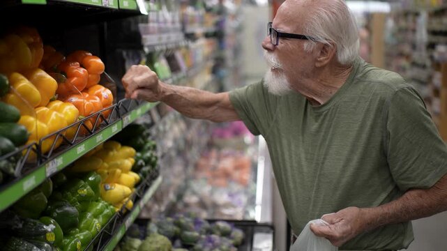 Elderly man smiles as he picks fruits and vegetables in grocery store enjoying shopping for fresh produce in a busy aisle