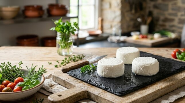 Fresh Mozzarella Cheese on Black Slate with Vegetables and Herbs in Rustic Kitchen Setting.