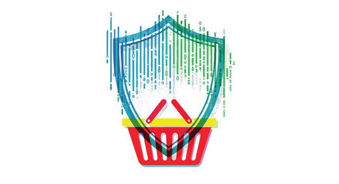 A digital protection shield overlays a shopping basket with a stream of binary code numbers in a bright and high-tech cybersecurity online transaction safety environment.