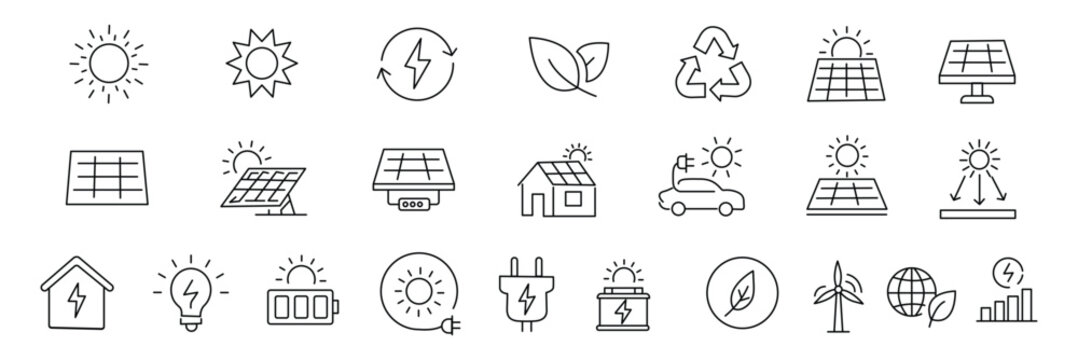 Renewable energy line icon set, outline web icon collection containing Wind Turbine, Solar Panel, Water Power and more, vector illustration in line style.
