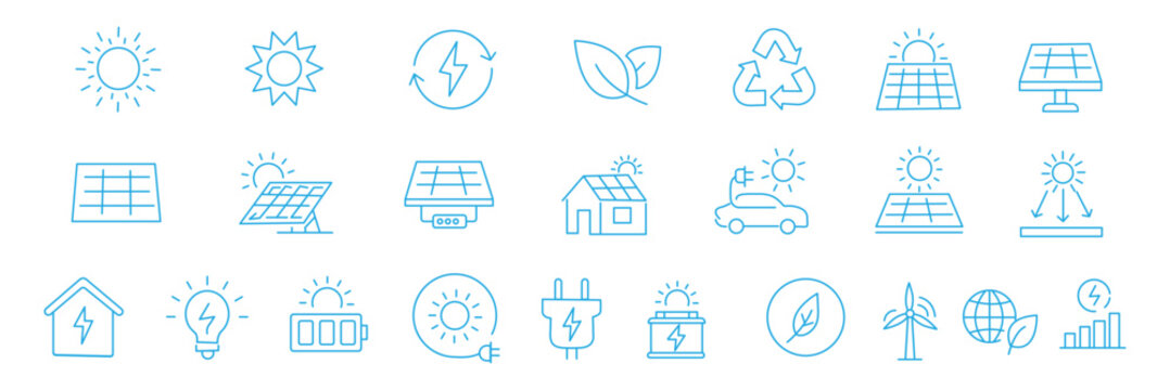 Renewable energy line icon set, outline web icon collection containing Wind Turbine, Solar Panel, Water Power and more, vector illustration in line style.