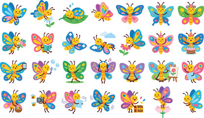 Fototapeta premium Cute Butterfly Cartoon Activity Set Kawaii Insect Vector Collection