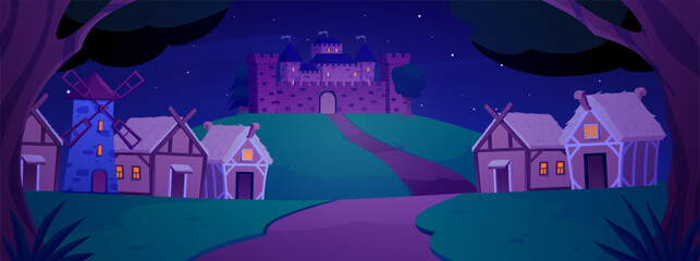 Naklejka premium Landscape of medieval kingdom in forest at night vector flat illustration, road to fortress castle and village houses