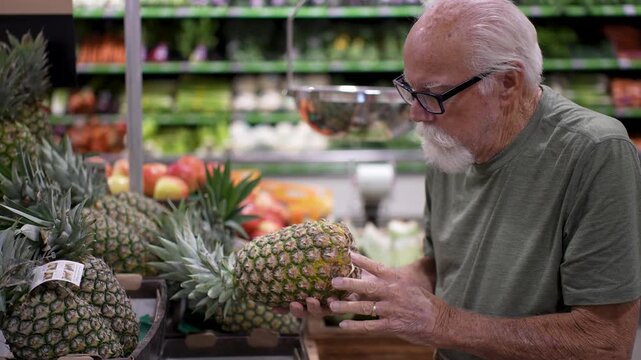 Elderly man enjoys shopping for fresh fruits and vegetables in a grocery store. He carefully selects pineapples and other produce.