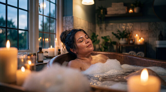 Relaxed woman soaking in bubble bath surrounded by candlelight and plants, warm evening atmosphere and serene expression