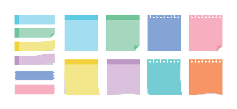 Set of sticky notes, blank memo pads, index tabs, and masking tapes on a white background. Minimalist flat vector illustration of colorful pastel paper sheets and post reminders for digital planners.