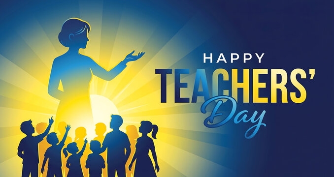 A glowing female teacher stands before a group of eager students in this vibrant illustration