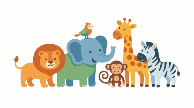 A colorful group of cartoon animals, including a lion, elephant, bird, monkey, giraffe, and zebra