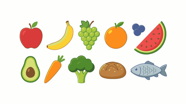 A colorful cartoon illustration of 12 food items