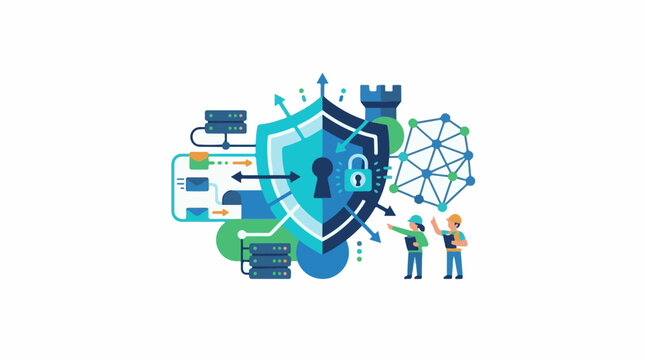 A blue shield with a lock and two workers