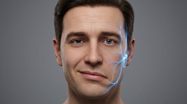 A professional 3D medical illustration showing facial nerve anatomy and facial paralysis symptoms such as Bell's palsy.