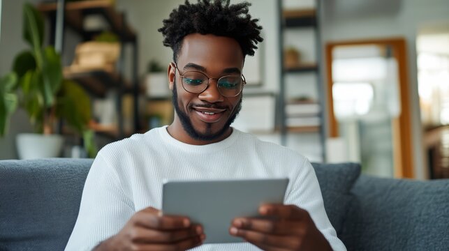 Man on Couch with Tablet: A young man with a beard and glasses smiles while holding a tablet computer on a couch, browsing or playing a game in a relaxed home setting.
