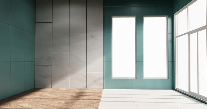 Empty room - Clean room ,Minimalist interior design, mint wall on granite tiles floor. 3d rendering