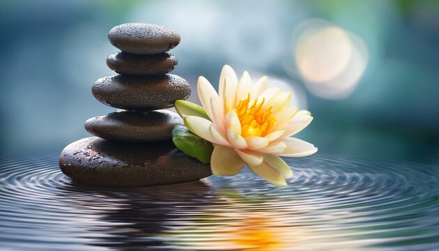 Stacked Zen Stones With A Lotus Flower On Rippling Water