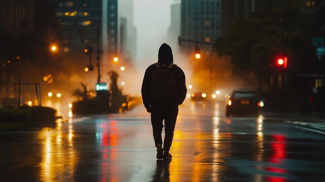 Urban Solitude: A lone figure in a hooded jacket walks down a rain-slicked city street at night, illuminated by blurred car lights and street lamps, evoking a sense of melancholy and introspection.
