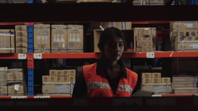 Serious woman conducting warehouse inspection amidst stacked cardboard boxes in dimly lit industrial setting, wearing an orange safety vest for maintenance checks and detailed assessment.
