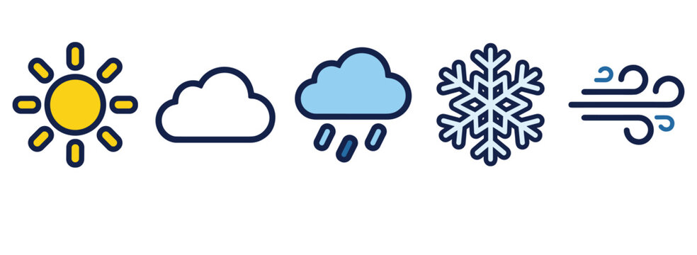 Weather icons sun cloud rain snow wind symbols in flat design isolated on white background