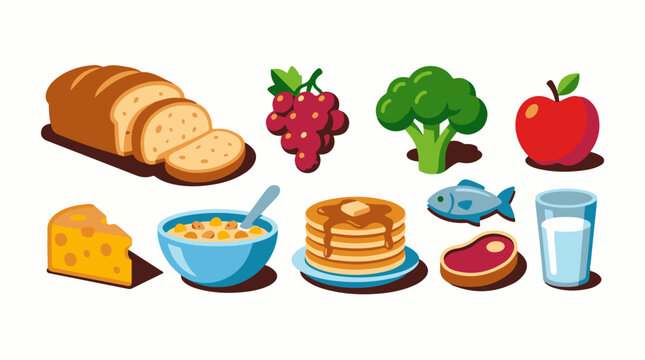 Colorful food icons for breakfast including bread, fruit, vegetables, cheese, cereal, pancakes, and a fish with a glass of milk