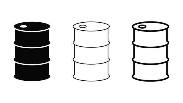 Three oil barrels in different colors on white background