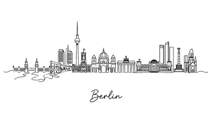 Obraz premium Minimalist black and white line art of Berlin skyline featuring iconic landmarks including TV tower and historic architecture