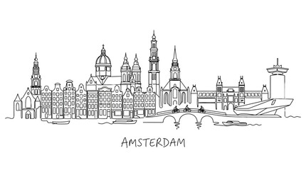 Fototapeta premium Minimalistic Line Art Illustration Depicting Amsterdam's Iconic Skyline with Historic Buildings and Modern Structures Capturing