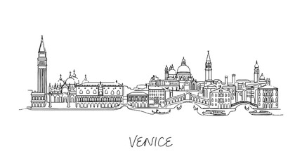 Fototapeta premium Minimalist line art depiction of the iconic Venice skyline with historic architecture and famous landmarks in black and white