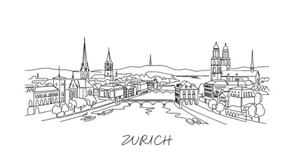 Fototapeta premium Charming Line Drawing of Zurich Cityscape Featuring Historic Churches and Urban Landscape