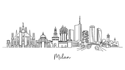 Obraz premium Minimalist line drawing of Milan skyline showcasing iconic architecture and modern skyscrapers in a clean artistic style