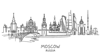 Fototapeta premium Minimalist continuous line illustration of Moscow's iconic skyline featuring historic and modern architecture with a river view