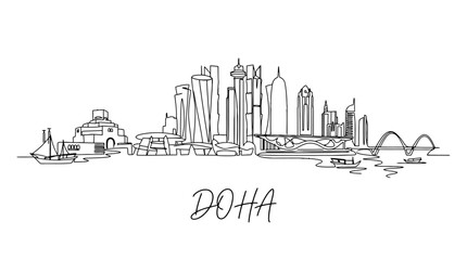 Fototapeta premium Minimalist One-Line Drawing of Doha's Skyline with Iconic Buildings and Cityscape vibe