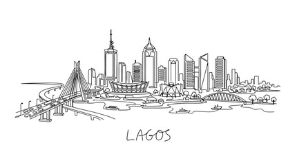 Obraz premium Minimalist Black and White Line Drawing of Lagos Skyline Featuring Iconic Bridges and Tall Skyscrapers