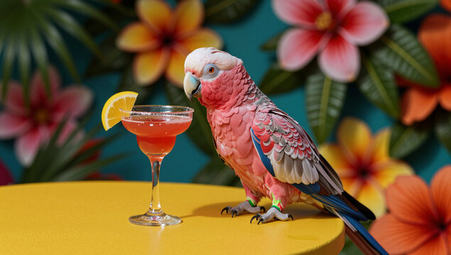 Pink parrot on yellow table by tropical flowers and drink.
