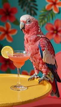 Pink parrot next to a vibrant orange cocktail.