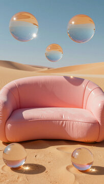 Pink inflatable couch on a sandy desert with bubbles.