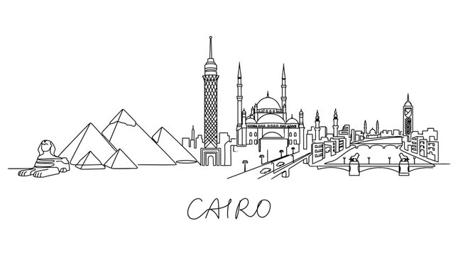 Minimalist Cairo skyline illustration featuring key landmarks including pyramids and historic structures in a sleek line art style