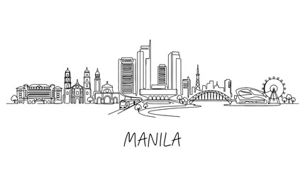 Fototapeta premium Minimalist skyline illustration of Manila city featuring iconic skyscrapers and landmarks in a continuous line art style