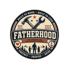 Naklejka premium Fatherhood emblem with tools, father and children silhouette, vintage style