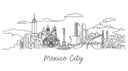 Fototapeta premium Minimalist line art illustration of Mexico City skyline featuring iconic landmarks and mountain backdrop