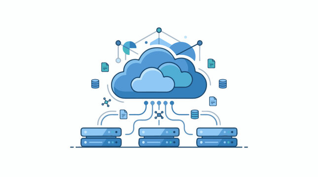Cloud computing graphic with servers and data storage
