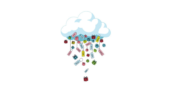 A fluffy cartoon cloud sits at the top of the frame while a variety of colorful gift boxes and price tags fall downwards like rain on a white background.